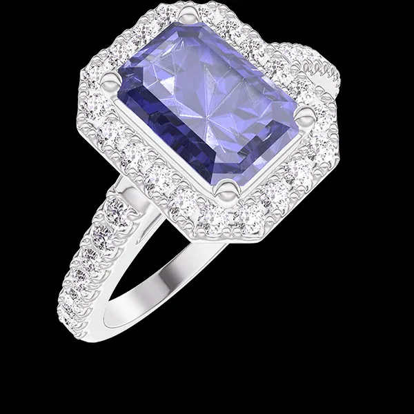 « L'Atelier » No. 1276567 - Ring White gold 9 carats - Blue Sapphire Baguette 1 Carats - Halo Diamond white - Setting Diamond white