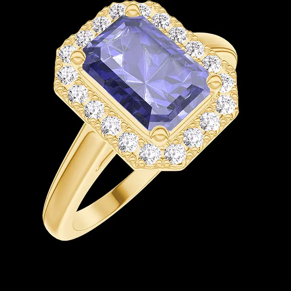 « L'Atelier » nº 1276573 - Bague Or jaune 9 carats - Saphir bleu Rectangle 1 carat - Halo Diamant