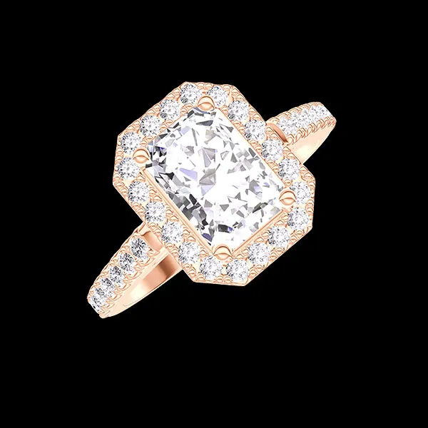 « L'Atelier » nº 1277340 - Bague Or rose 18 carats - Diamant synthétique Rectangle 1 carat - Halo Diamant synthétique - Sertissage Diamant synthétique