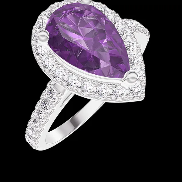 « L'Atelier » No. 1279462 - Ring White gold 9 carats - Amethyst Pear 1 Carats - Halo Diamond white - Setting Diamond white