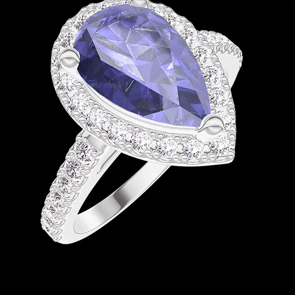 « L'Atelier » nr. 1302214 - Ring Witgoud 9 karaat - Synthetische saffier Peer 1 Karaat - Halo Laboratorium diamant - Setting Laboratorium diamant