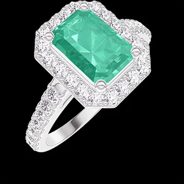 « L'Atelier » No. 1302406 - Ring White gold 9 carats - Synthetic emerald Baguette 1 Carats - Halo Laboratory Diamond - Setting Laboratory Diamond