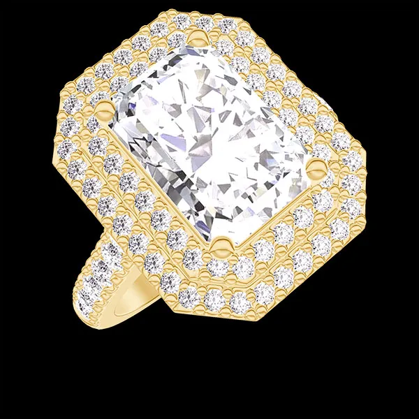 « L'Atelier » nº 1378147 - Bague Or jaune 18 carats - Diamant synthétique Rectangle 2 carat - Halo Diamant synthétique - Sertissage Diamant synthétique