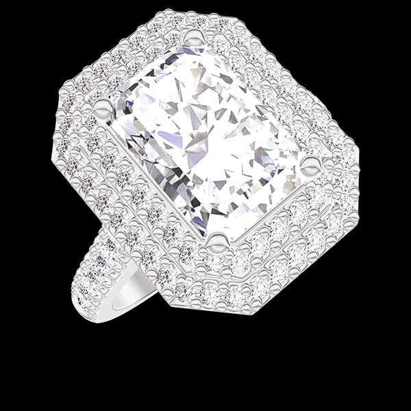 « L'Atelier » Nr. 1378149 - Ring Weißgold 750/-(18Kt) - Labordiamant Rechteckig 2 Karat - Halo Labordiamant - Fassung Labordiamant