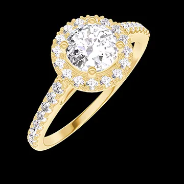 « L'Atelier » Nº170005 - Ring Geelgoud 18 karaat - Diamant rond 0.5 Karaat - Halo Diamant - Setting Diamant