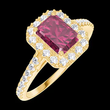 « L'Atelier » Nº170389 - Anello Oro giallo 18 carati - Rubino Rettangolo 0.5 Carati - Halo Diamante - Incastonatura Diamante