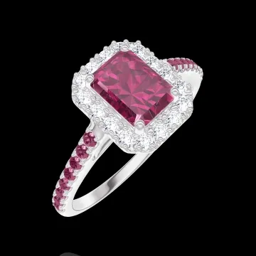 « L'Atelier » Nº1006459 - Ring White gold 9 carats - Synthetic ruby Baguette 0.5 Carats - Halo Laboratory Diamond - Setting Ruby