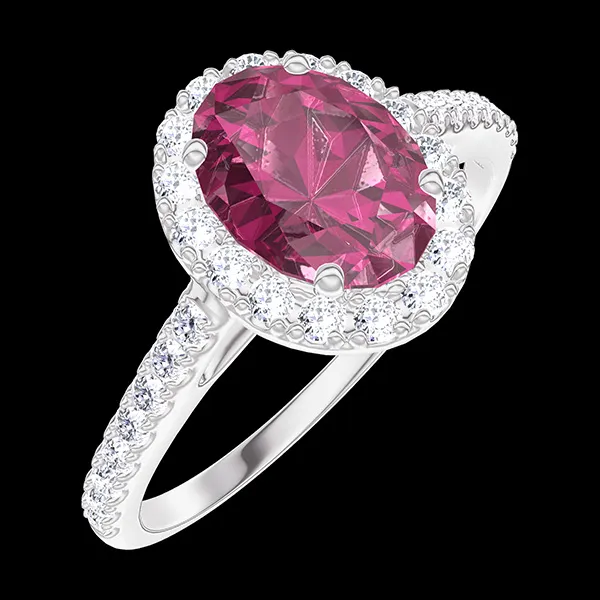 « L'Atelier » Nº170439 - Bague Or blanc 18 carats - Rubis Ovale 0.5 carat - Halo Diamant - Sertissage Diamant