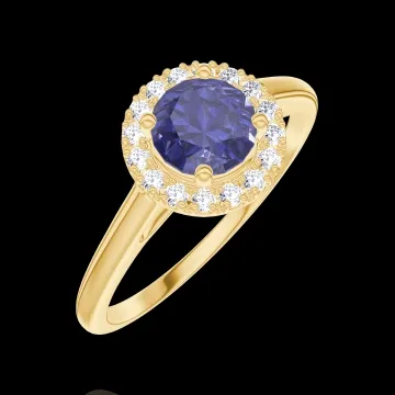 « L'Atelier » n.º 170577 - Anillo Oro amarillo 18 quilates - Zafiro azul redondo 0.5 quilates - Halo Diamante