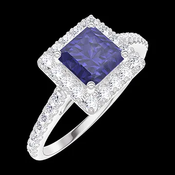 « L'Atelier » Nº170631 - Anillo Oro blanco 18 quilates - Zafiro azul Princesa 0.5 quilates - Halo Diamante - Engastado Diamante