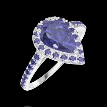 « L'Atelier » No. 170816 - Ring White gold 9 carats - Blue Sapphire Pear 0.5 Carats - Halo Blue Sapphire - Setting Blue Sapphire