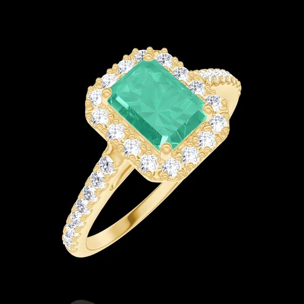 « L'Atelier » No. 170965 - Ring Yellow gold 18 carats - Emerald Baguette 0.5 Carats - Halo Diamond white - Setting Diamond white