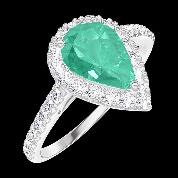 « L'Atelier » Nº171063 - Anello Oro bianco 18 carati - Smeraldo Goccia 0.5 Carati - Halo Diamante - Incastonatura Diamante