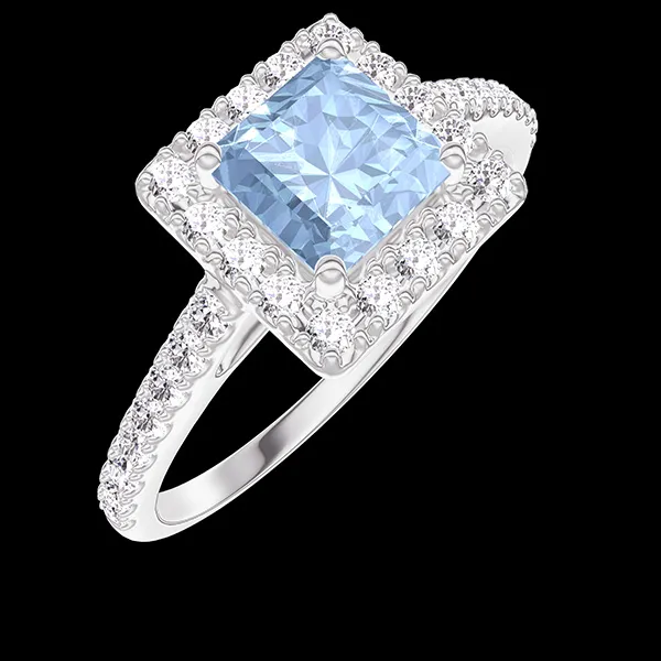 « L'Atelier » Nº211870 - Ring Weißgold 750/-(18Kt) - Blauer Topas Prinzess 0.5 Karat - Halo Diamant - Fassung Diamant