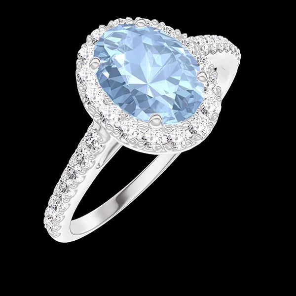 « L'Atelier » Nº211966 - Ring White gold 18 carats - Blue Topaze Oval 0.5 Carats - Halo Diamond white - Setting Diamond white