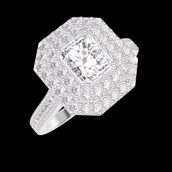 « L'Atelier » Nº402322 - Ring Witgoud 18 karaat - Diamant Rechthoekig 0.5 Karaat - Halo Diamant - Setting Diamant