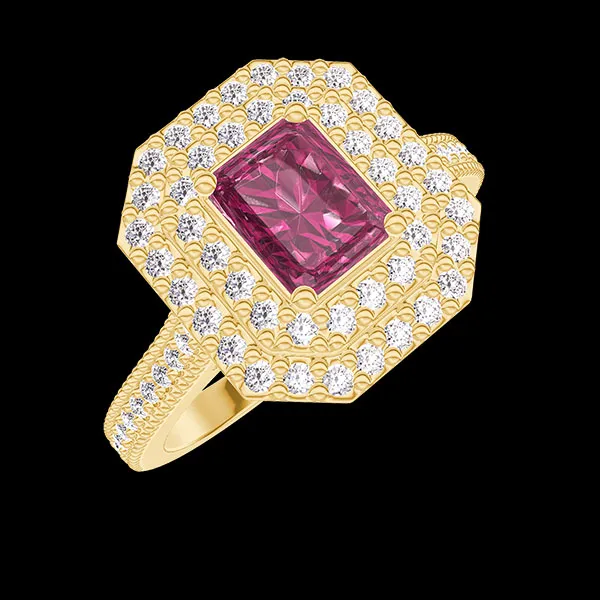 « L'Atelier » Nº404348 - Ring Yellow gold 18 carats - Ruby Baguette 0.5 Carats - Halo Diamond white - Setting Diamond white