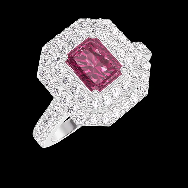 « L'Atelier » Nº404350 - Ring White gold 18 carats - Ruby Baguette 0.5 Carats - Halo Diamond white - Setting Diamond white