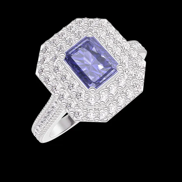 « L'Atelier » Nº405214 - Anillo Oro blanco 18 quilates - Zafiro azul Rectángulo 0.5 quilates - Halo Diamante - Engastado Diamante