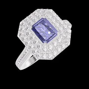 « L'Atelier » Nº405214 - Ring White gold 18 carats - Blue Sapphire Baguette 0.5 Carats - Halo Diamond white - Setting Diamond white