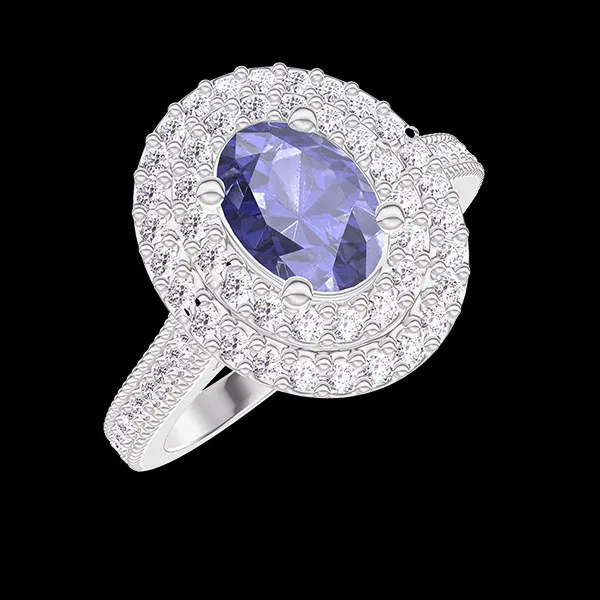 « L'Atelier » Nº405262 - Anillo Oro blanco 18 quilates - Zafiro azul Ovalo 0.5 quilates - Halo Diamante - Engastado Diamante