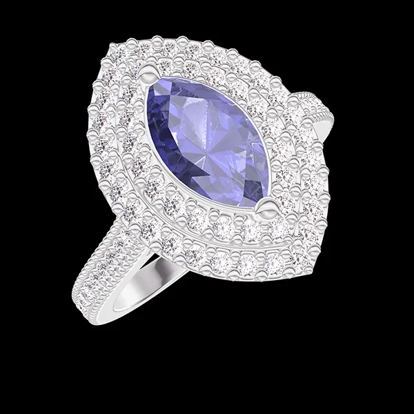 « L'Atelier » Nº405551 - Anillo Oro blanco 9 quilates - Zafiro azul Marquesa 0.5 quilates - Halo Diamante - Engastado Diamante