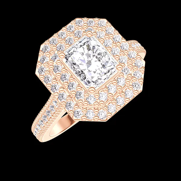 « L'Atelier » n. 413309 - Anello Oro rosa 18 carati - Diamante di laboratorio Rettangolo 0.5 Carati - Halo Diamante di laboratorio - Incastonatura Diamante di laboratorio