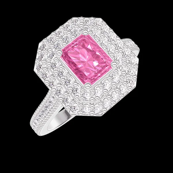 « L'Atelier » Nº416342 - Ring White gold 9 carats - Pink Sapphire Baguette 0.5 Carats - Halo Diamond white - Setting Diamond white