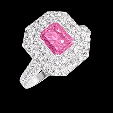 « L'Atelier » Nº416342 - Anillo Oro blanco 9 quilates - Zafiro rosa Rectángulo 0.5 quilates - Halo Diamante - Engastado Diamante