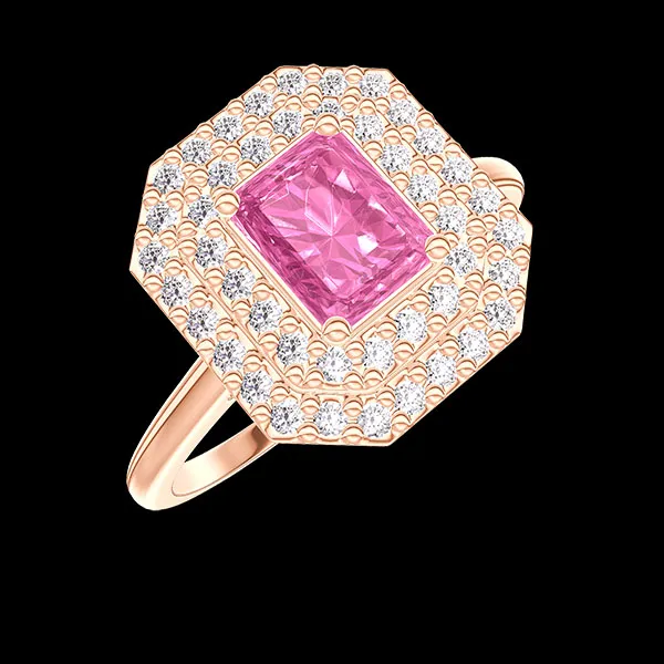 « L'Atelier » Nº417022 - Ring Pink gold 18 carats - Pink Sapphire Baguette 0.5 Carats - Halo Diamond white