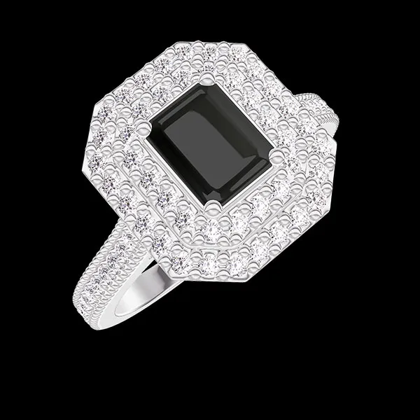 « L'Atelier » Nº421270 - Anello Oro bianco 9 carati - Diamante nero Rettangolo 0.5 Carati - Halo Diamante - Incastonatura Diamante