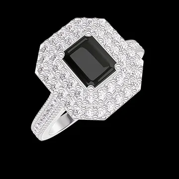 « L'Atelier » Nº421270 - Bague Or blanc 9 carats - Diamant noir Rectangle 0.5 carat - Halo Diamant - Sertissage Diamant