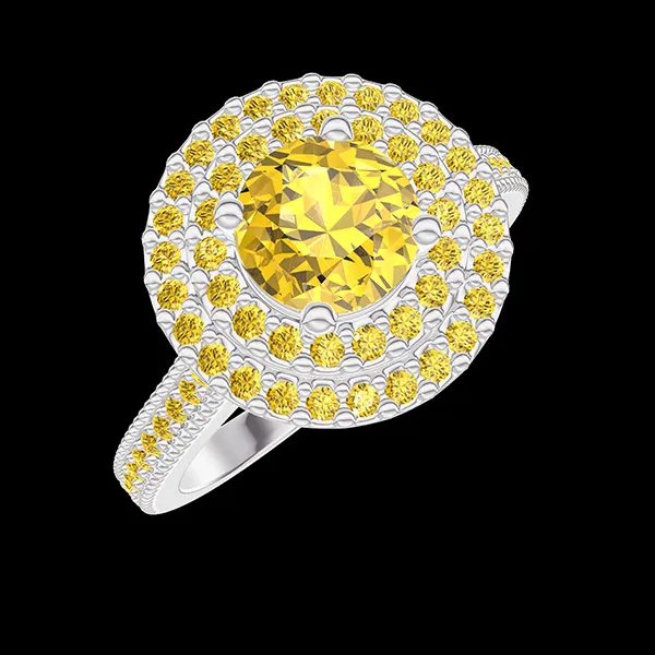 « L'Atelier » Nº461241 - Ring White gold 18 carats - Yellow Sapphire round 0.5 Carats - Halo Yellow Sapphire - Setting Yellow Sapphire