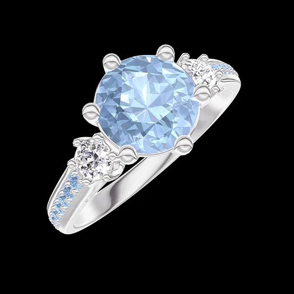« L'Atelier » Nº531013 - Ring Witgoud 18 karaat - Blauwe topaas rond 1 Karaat - Aanleunende edelstenen Diamant - Setting Blauwe topaas
