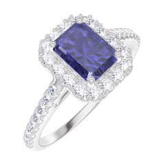 « L'Atelier » Nº170679 - Bague Or blanc 18 carats - Saphir bleu Rectangle 0.5 carat - Halo Diamant - Sertissage Diamant