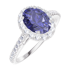 « L'Atelier » Nº170727 - Bague Or blanc 18 carats - Saphir bleu Ovale 0.5 carat - Halo Diamant - Sertissage Diamant