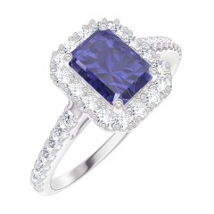 Ring « l’Atelier » 170679 - Witgoud 18 karaat - Blauwe saffier Rechthoekig 0.5 Karaat - Halo Diamant - Setting Diamant