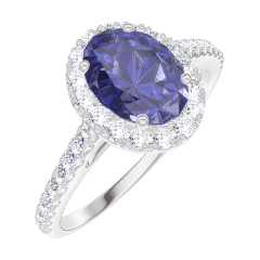 Ring « l’Atelier » 170727 - Witgoud 18 karaat - Blauwe saffier Ovaal 0.5 Karaat - Halo Diamant - Setting Diamant