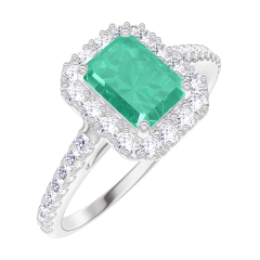 Ring « l’Atelier » 170967 - Witgoud 18 karaat - Smaragd Rechthoekig 0.5 Karaat - Halo Diamant - Setting Diamant