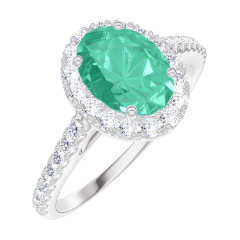 Ring Create 171016 Witgoud 9 karaat - Smaragd Ovaal 0.5 Karaat - Halo Diamant - Setting Diamant