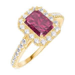 « L'Atelier » Nº170389 - Ring Gelbgold 750/-(18Kt) - Rubin Rechteckig 0.5 Karat - Halo Diamant - Fassung Diamant