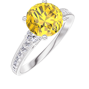 « L'Atelier » Nº192653 - Bague Or blanc 18 carats - Saphir jaune Rond 1 carat - Pierres de côté Diamant - Sertissage Diamant