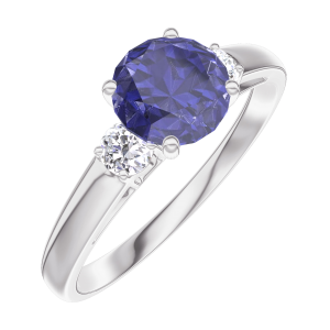 Anillo « l’Atelier » 166024 - Oro blanco 9 quilates - Zafiro azul redondo 0.7 quilates - Piedras laterales Diamante