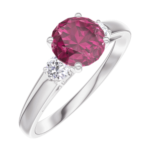 « L'Atelier » Nº165424 - Ring Witgoud 9 karaat - Robijn rond 0.7 Karaat - Aanleunende edelstenen Diamant