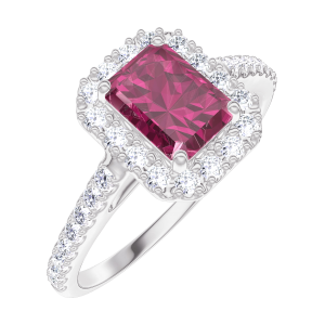 « L'Atelier » Nº170391 - Ring Witgoud 18 karaat - Robijn Rechthoekig 0.5 Karaat - Halo Diamant - Setting Diamant