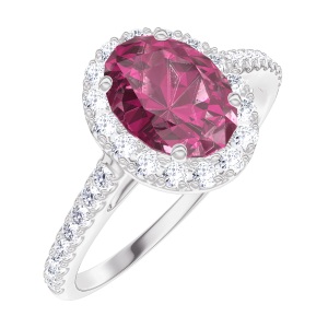 « L'Atelier » Nº170439 - Ring Witgoud 18 karaat - Robijn Ovaal 0.5 Karaat - Halo Diamant - Setting Diamant