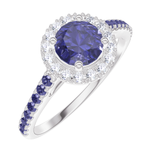 « L'Atelier » Nº170592 - Ring Witgoud 9 karaat - Blauwe saffier rond 0.5 Karaat - Halo Diamant - Setting Blauwe saffier