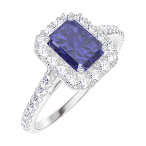 « L'Atelier » Nº170679 - Bague Or blanc 18 carats - Saphir bleu Rectangle 0.5 carat - Halo Diamant - Sertissage Diamant