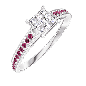 « L'Atelier » Nº209711 - Ring White gold 18 carats - Cluster of natural diamonds Princess equivalent 0.5 - Setting Ruby
