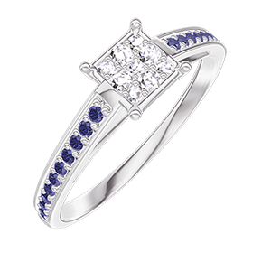 « L'Atelier » Nº209715 - Bague Or blanc 18 carats - Cluster de diamants naturels Princesse équivalent 0.5 - Sertissage Saphir bleu